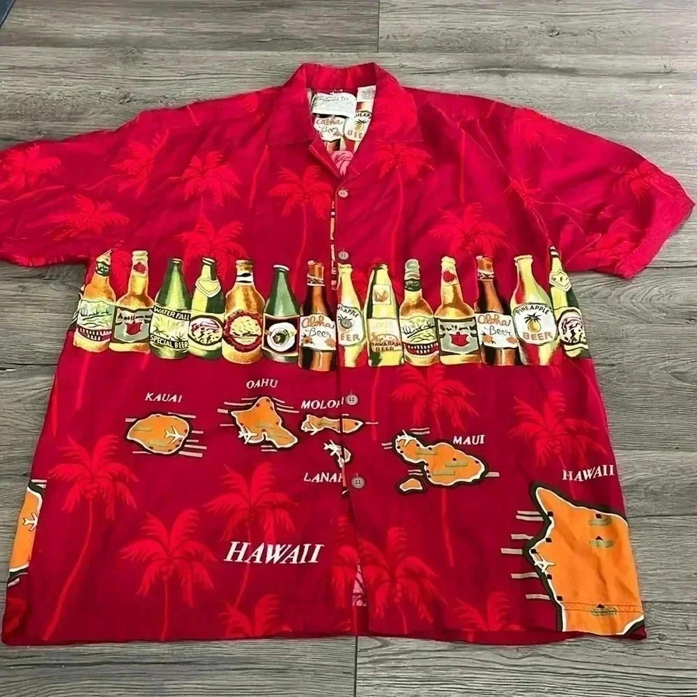 [L]Vintage Thums Up Hawaii Graphics Novelty Red Rayon  SS Beach Shirt